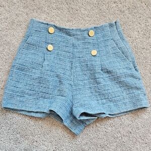 Elegant High Waist Blue Shorts with Gold Buttons